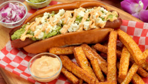 Presentation for recipe: Queso Fresco Topped Hot Dog and Freír Fries