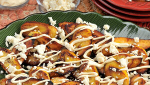 Recipe presentation for: Ripe Plantains with Crema & Queso Fresco