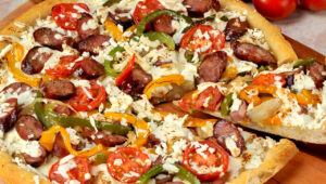 Presentation for recipe: Sausage and Vegetable Pizza