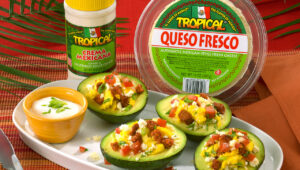 Presentation for recipe: Stuffed Avocado with Chorizo and Queso Fresco