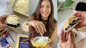 Presentation for recipe: Domino Arepas with Black Beans and Cheese