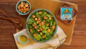 Presentation for recipe: Caesar Salad with Fried Cheese Croutons
